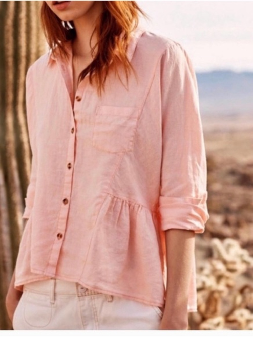 Holding Horses Anthropologie McKenzie Coral Linen Peplum‎ Top